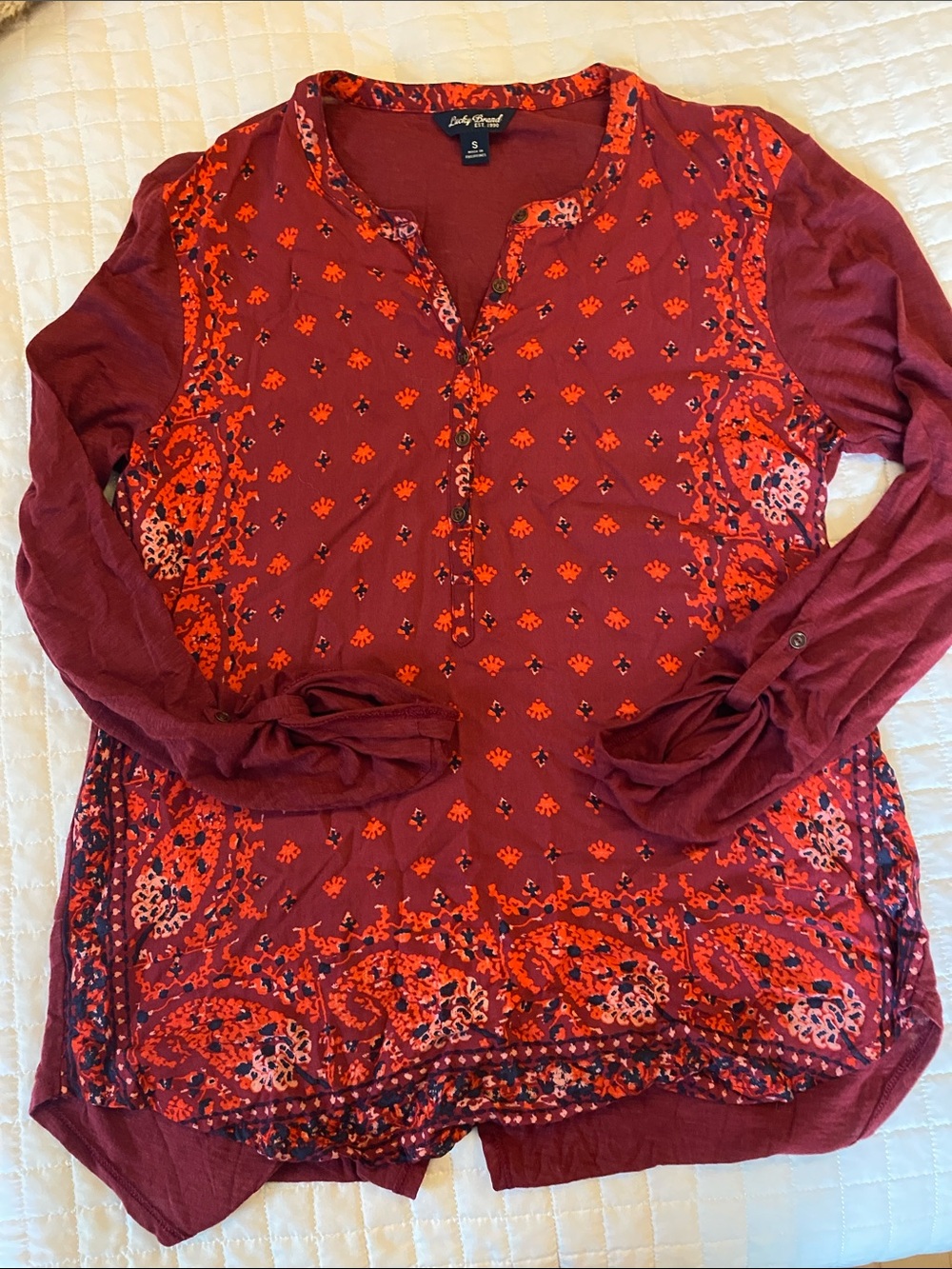 Lucky Brand Burgundy Tunic with Red and Orange Print